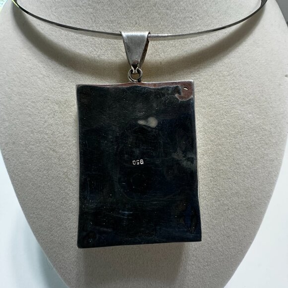 Peruvian 950 Sterling Silver Pendant | Rectangular Mosaic Inlay | Natural Stones - Picture 8 of 12